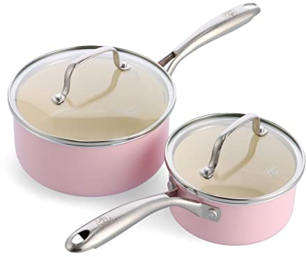 GreenLife Artizan Set di Pentole in Ceramica Antiaderente Sana da 14cm/1L e 18cm/2L, Senza PFAS, Manico in Acciaio Inox, Adatta all'Induzione, Lavabile in Lavastoviglie, Sicuro al Forno, Rosa