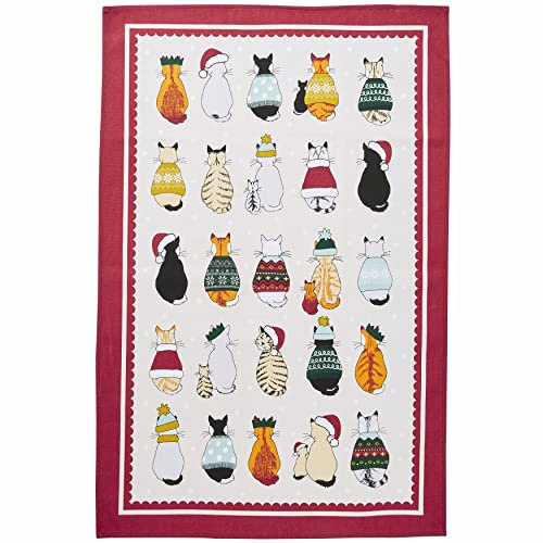 Ulster Weavers Kitchen Textiles 028CCAW Geschirrtuch aus recycelter Baumwolle, Motiv: Weihnachtskatzen im Warten, Rot