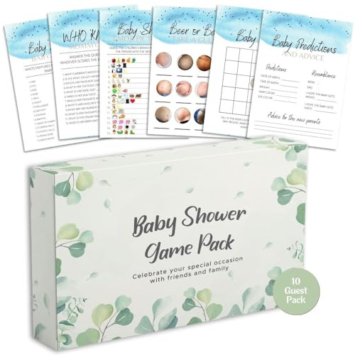 Babyparty-Spiele – 6 Spielbündel – Eukalyptus, Dschungel, Safari, Baby Junge, Baby Mädchen – 10 Gäste Pack (Baby Junge)