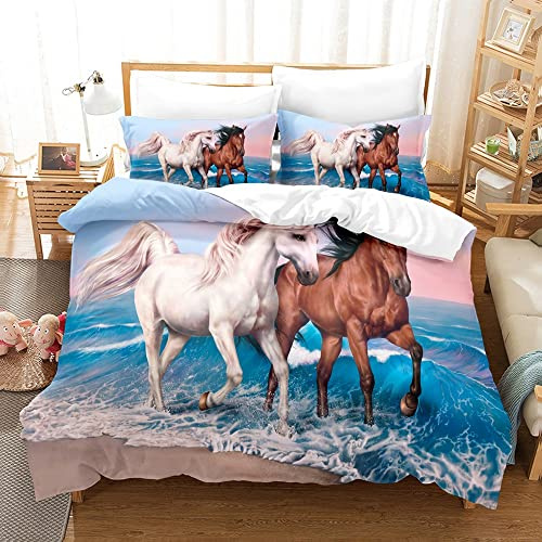 ZZXHG Funda Nordica 150x200 Animal Azul Caballo Juvenil, Funda de Edredón Cama 90 Infantil de Microfibra, Juego de Ropa de Cama para Niños Niñas con Cremallera y 2 Funda de Almohada 50x75 cm
