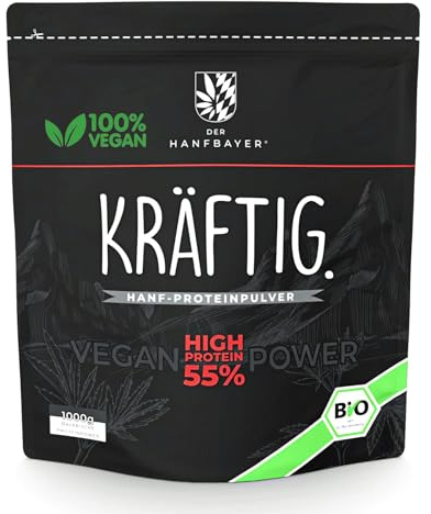 Der Hanfbayer® regionales Hanf Protein Pulver 1 kg [MIT 55% PROTEIN] - inkl. LECKERE E-Rezepte - veganes Proteinpulver mit Magnesium & Aminosäuren für Muskelaufbau - wasserlösliches Hanfprotein