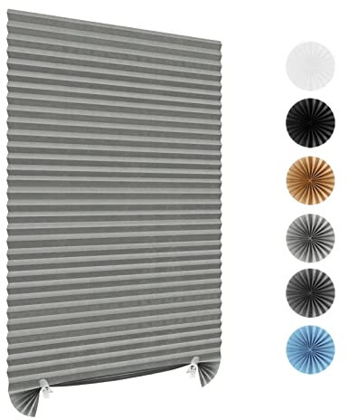 Stick On Blinds for Windows, Temporary No Drilling Light Filtering Pleated Paper Clip On Door Blinds and Shades for Kitchen Patio Bathroom Bedroom (Grey, 90x150cm)