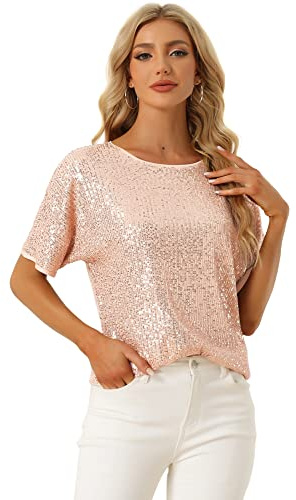 Allegra K Damen Festliches Oberteil Pailletten Oberteile Kurzarm Rund Halsausschnitt Party Glitzer Top Champagner M