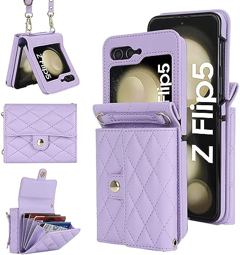 XIZYO Leather Crossbody Wallet Case for Samsung Galaxy Z Flip 5, Purple | with Adjustable Removable Lanyard Strap, with Card Slots, Solid Colour, Cute Luxury, Sturdy Shockproof, for Women Girls