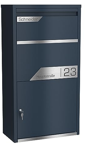 Graviers Design Paketbriefkasten personalisiert freistehend - pulverbeschichteter Stahl mit Edelstahl Namensschild Gravur - Briefkasten Rückholsperre Postbox für Pakete Briefe Paketbox Design 3