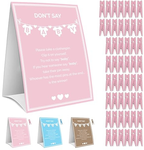 Party Hearty Baby Shower Games for Girl, Don't Say Baby Game,1 Sign and 50 Mini Pink Clothespins, Shower Game Ideas