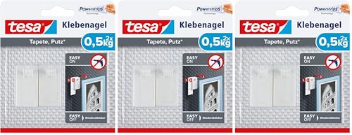 Clavo autoadhesivo tesa sujecion hasta 0,5 kg uso paredes pintadas removible blister de 2 unidades (Paquete de 3)