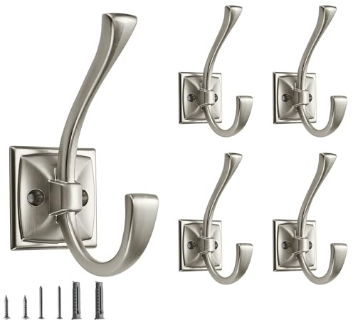 CABDM Confezione da 5 ganci decorativi resistenti per appendere accappatoi, doppi ganci appendiabiti da parete in nichel satinato, con viti per chiavi, asciugamani, borse, tazze, cappelli