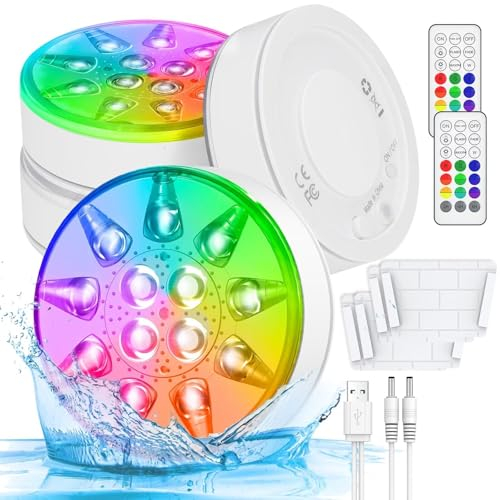U UZOPI Poolbeleuchtung Unterwasser, Wiederaufladbar Pool Lichter Unterwasser mit Fernbedienung, IP68 Wasserdicht Pool Beleuchtung Multi LED für Schwimmbad, Badewanne, Spa, Garten, Teich 4 Stück