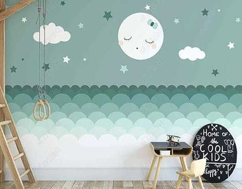 Fototapete 3D Effekt Tapeten 3D Handgezeichneter Sternenhimmel, Wolken Und Mond-Cartoon Für Kinder Tapete Fototapeten Vlies Wandtapete Wohnzimmer Schlafzimmer Wand Schmücken 300Cm(W)*210Cm(H)