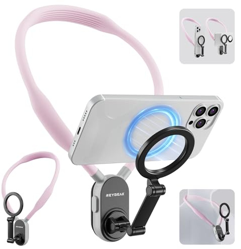 REYGEAK Magnetic Neck Cell Phone Holder, POV/Vlog Recording Necklace Lanyard Selfie Hand Free Neck Phone Mount Stand for iPhone 15 14 13 12 Pro Mini/Plus/Pro/Pro Max and Samsung Android (Pink)