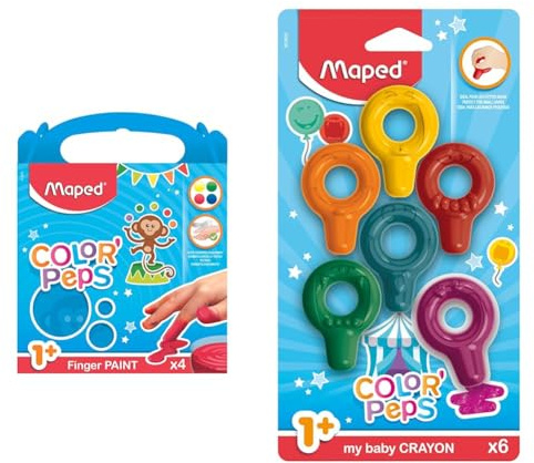 Maped Color'Peps 4 Pots de Peinture Doigt pour Bébé et Enfant dès 1 an - Gouache Pots de 80 gr & Color'Peps Baby - Craies en Cire Bébé - Crayons de Cire pour enfants +18 mois