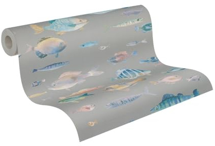 A.S. Création Vliestapete mit Tiermotiv Fischmuster 10,05m x 0,53 m - Grau, Bunt, Blau - Tapete mit Fischen Mustertapete Made in Germany 396961
