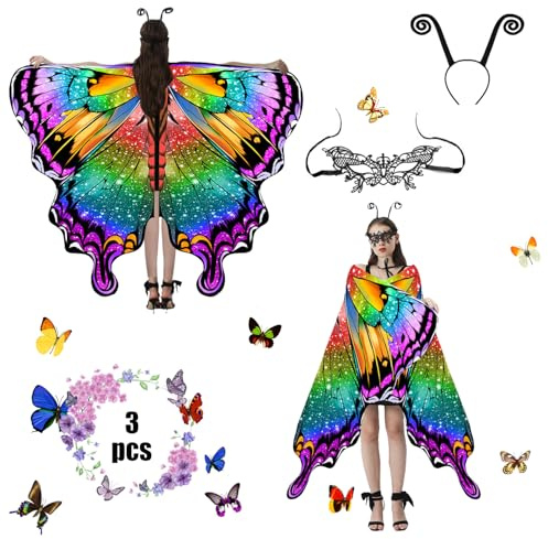 Jeackcelle Schmetterling Kostüm Damen,Schmetterling Kostüm Erwachsene,Karneval Kostüm 3 Set Mit Damen Spitze Maske für Halloween Karneval Party Cosplay Weihnachten