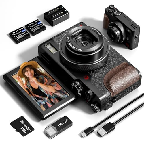 Appareil Photo numérique, 64MP pour la Photographie, 5K Vlogging for Youtube, 180°Flip Screen Digital Point and Shoot with 18X Zoom, Compact for Beginner with 32GB SD Card