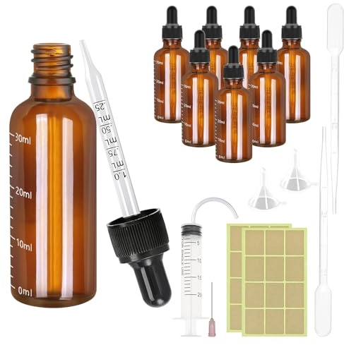 8 Stück Glas Pipettenflasche Set 30ml Braunglas Tropfflasche für Parfüm | Nachfüllbar mit Trichter und Spritzenetiketten, Ideal für Ätherische Öle, Kosmetik, Essenzen und Präzises Dosieren