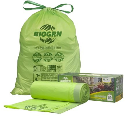 10-13 Gallon Compostable Trash Bags Drawstring 30 Bags Heavy Duty Extra Thick 1 Mil 49.21 Liter Biodegradable Trash Bags Compost Bags Green for Kitchen ASTM D6400 US BPI and OK Compost Home Certified