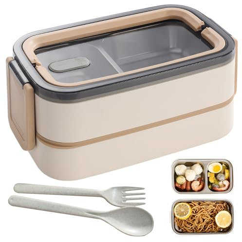 WIYETY Bento Lunch Box 2 ripiani con scomparti: contenitore per il pranzo per adulti, in acciaio inox premium, senza BPA, con posate, ideale per i viaggi, adatto al microonde, per il pranzo Meal Prep