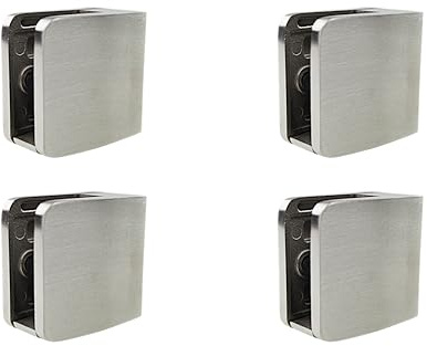 Sellon24 Glashalter Edelstahl 4 Stück Glasklemme Klemmhalter mit Sicherungsplatte für Geländer Treppengeländer Glasgeländer 52 x 52 x 32 mm Aisi 304 (Anschluss: flach/Glasdicke 8mm)