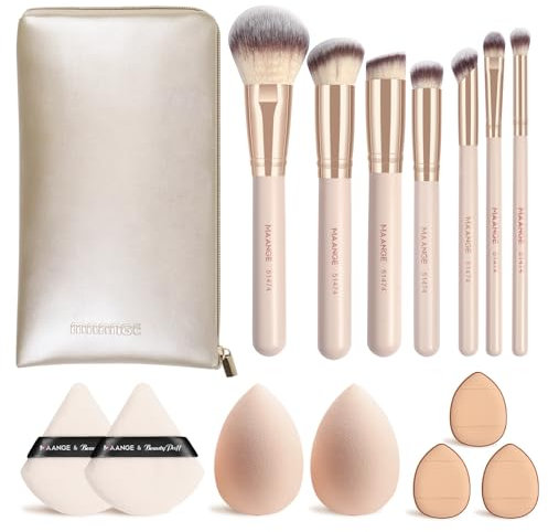 MAANGE 15Pcs Makeup Brush Set Premium Synthetic Kabuki Brush Kit for Foundation, Blending, Contouring – Includes PU Leather Bag, Ideal for Beginners