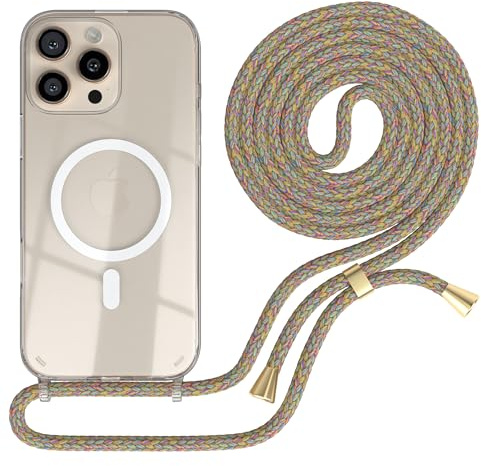 EAZY CASE - mobilkedja kompatibel med iPhone 16 Pro Max, kedja för upphängning, stötsäkert mobilskal för iPhone 16 Pro Max, silikonskal med rem, transparent mobilskal i Regnbåge
