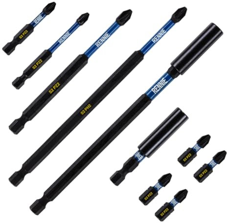 10 Piece Rennie Tool Magnetic 60mm and 152mm Professional Impact Bit Holders with 4 x 32mm Pozidriv PZ2 Screwdriver Impact Bits & 1 x 50mm/75mm/100mm/150mm Long Pozidriv PZ2 Screwdriver Impact Bit