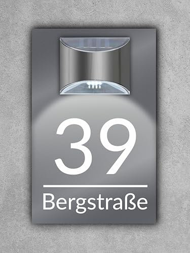 Premium Hausnummer beleuchtet mit LED Solar | individuell anpassbar | Acrylglas Anthrazit Matt | 3D Effekt | Wetterfest H1023 - Grau