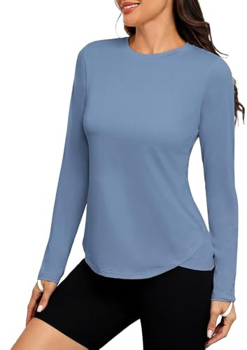 PINSPARK Sportskjorta dam UPF 50+ solskydd snabbtorkande sport T-shirt lätt löpartröja yoga långärmad tröja andas funktionell tröja fitness rashguard, Oasis blå, L