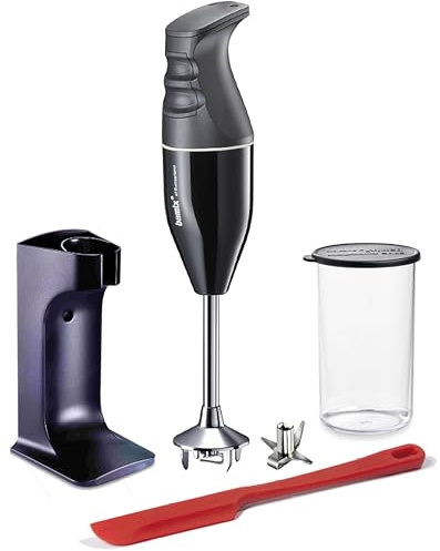 bamix Set mixeur plongeant EO180 CLASSIC PLUS avec support, récipient, couteau multifonction, spatule, 180 W, Fabriqué en Suisse, Noir/blanc