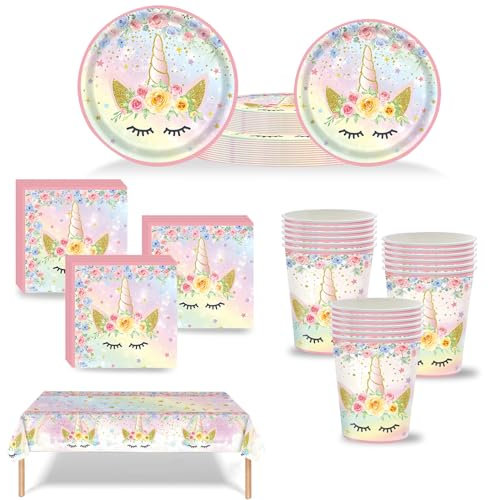 69pcs Rainbow Birthday Party Tableware Set for Girls,Tablecloth Paper Plates Cups and Napkins Dinnerware Set for Kids Girls Birthday Aged 1+,Party Table Decorations Supplies