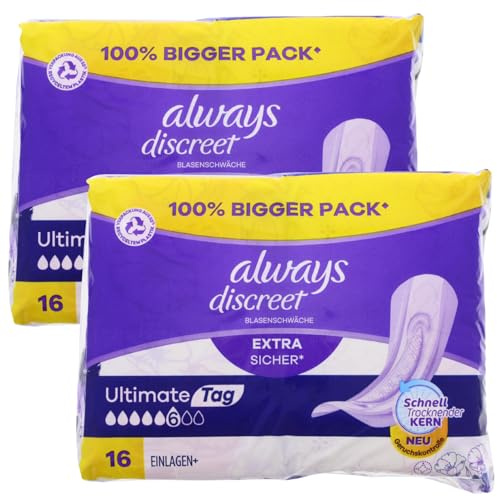2 x 16 Always Discreet Extra Sicher Ultimate Tag Inkontinenz Einlagen Extra Lang