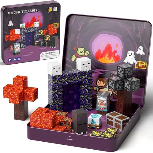 STEM MATCH Bloques Magnéticos Juguete de Viaje, Caja de Hierro Portátil Bloques Magnéticos, Juguete Magnético de Construcción Regalo para Niños 3+ Años (49pcs Aventurero fantástico)
