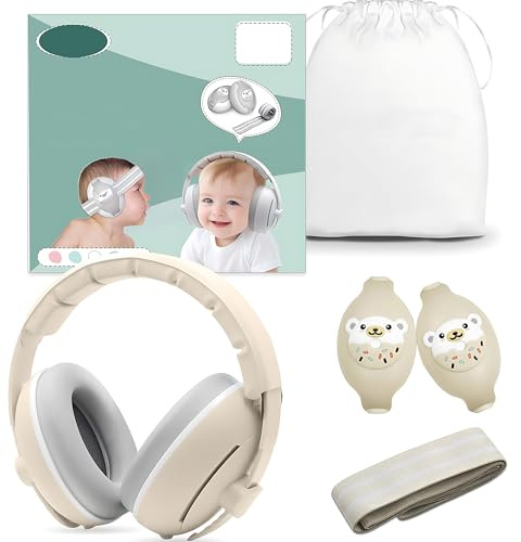 CXAFQ Casque Antibruit Bébé, Coquille Grise Chaude + Bandeau Gris Chaud, Ourson En Forme, Matériel De Silicone, Doux Pour La Peau, Protection Anti - Bruit Pour Enfants Pour Bébés Et Jeunes Enfants