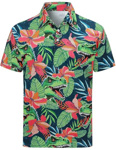 COSAVOROCK Dinosaurie-Tröja Herrpolotröjor Kortärmad Hawaii-Tryckt Dräkt, Blå, L