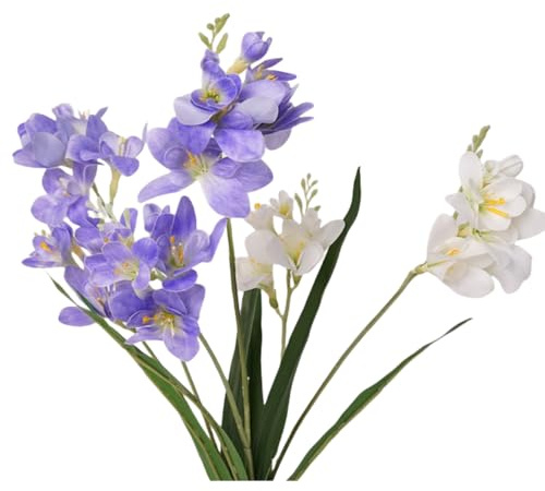 4pcs Freesias Flowers Artificial with Long Stem,24Real Touch Dendrobium Plants Fake Orchid Leaves,Faux Larkspur Flowers for Outdoor Table Patio Party Wedding Bouquet Fillers Decor (Blue&White)