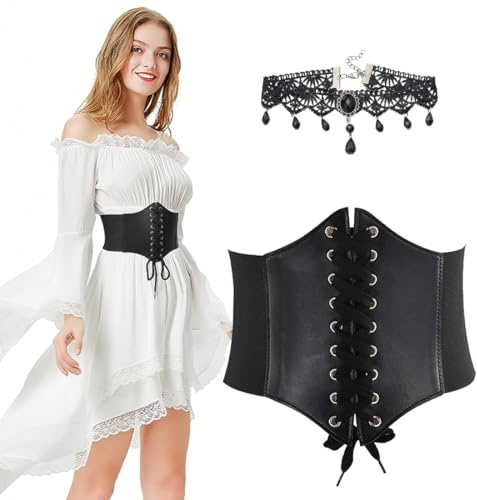 KOQAIIZ Ceinture Corset Femme Bustier, Ceinture Corset à Lacets, Ceintures Corset Rétro Large, pour Pardessus Robe FêTe Jupe Tenue Quotidienne, avec 1 Collier Choker
