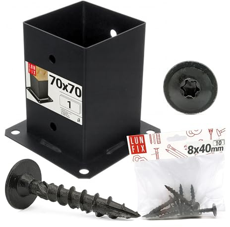 LUN FIX Pfostenträger 70x70 mm, Bodenhülse Schwarz + 10x Schrauben 8x40 | Aufschraubhülse Zum Aufschrauben, Pfostenschuh Und Pfostenanker Für Holzpfosten, Mit Ankerplatte Aus Verzinktem Stahl, 2 mm