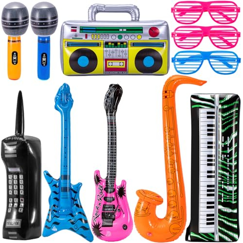 Tczecoo 11 piezas de instrumentos inflables Rock Star, juego de instrumentos inflables, accesorios para fiestas, guitarras de aire, accesorios para globos temáticos de los 80 y 90, decoración de
