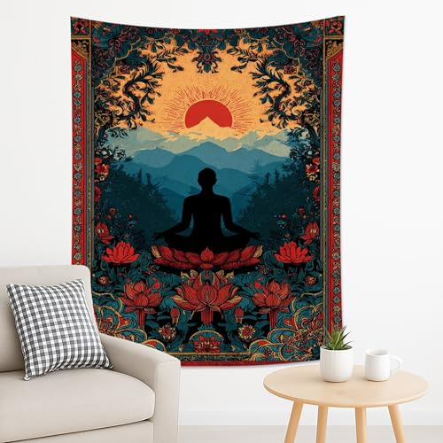 Tapiz rojo con diseño de puesta de sol de Buda, flores de lirio de agua, bohemio, decorativo, para colgar en la pared, tapices espirituales estéticos para sala de estar, dormitorio, meditación, 152 x