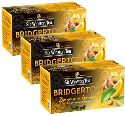 Sir Winston Tea, Tè Nero Zenzero e Limone, 60 Filtri (3 Confezioni da 20 Filtri), Bridgerton, Gusto Aromatico e Speziato, Senza Lattosio, Glutine e Allergeni, Vegan