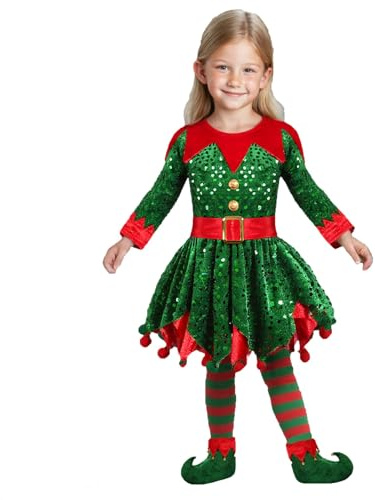 Generico Costume da Elfo Natalizio per Bambini, Abito Natalizio Elegante con Cerchietto Natalizio Calzini, Set di Abiti da Festa Natalizi per Bambine dai 5-11 Anni