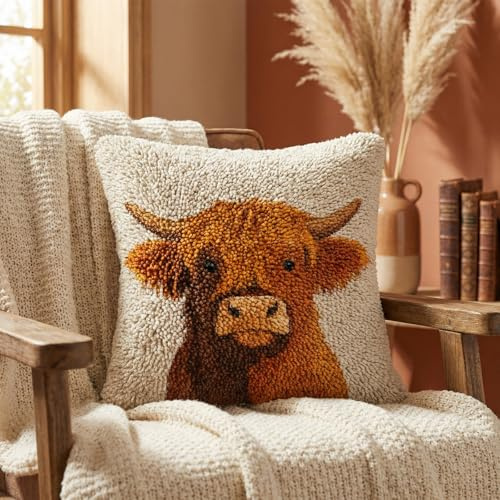 Xqzbmt Highland Cow Cushion Latch Hook Cushion Kits for Adults Beginners, Pre-Printed Canvas DIY Embroidery Cushion Cover, 17x17in Rug Making Kit Home Sofa Festive Decor & Gift