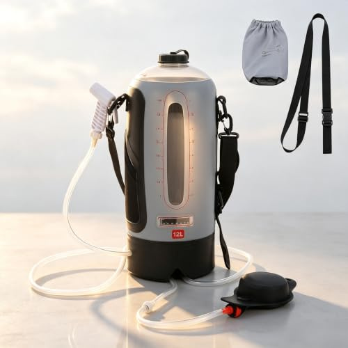 Giuffrida Campingdusch, 3 gallon, soldusch, trädgårdsdusch med pump, 12 l, duschhuvud, bärbar och avtagbar slang, duschpåse, för vandring, utomhus, klättring