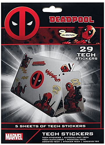 Marvel Deadpool Tech Stickers, Set of 29 Stickers for Laptops, Mobile Phones and Tablets (MERC with a Mouth Design) - Official Merchandise