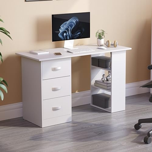 Vida Designs Mason Computer Desk with Shelves and 3 Drawers, Home Office PC/Laptop Gaming Table, Study Workstation, Furniture White