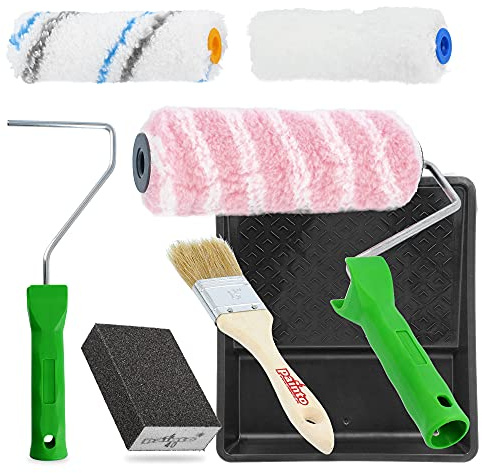 Wandfarbe Farbroller 25 cm Set 8-teilig mit Farbwanne & Farbrollerhalter | Malerrolle Klein Lackrollen für Lacke Maleracryl Werkzeug Streichen Malen Maler Zubehör Streichrolle Lack Rolle Ersatzrollen
