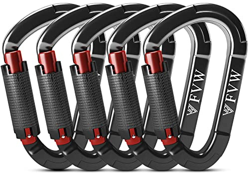 FVW Auto Locking Rock Climbing Carabiner Clips, UIAA Certified Professional 25KN (5620 lbs) Heavy Duty Caribeaners for Rappelling Swing Rescue & Gym etc, Large D-Shaped Carabiners, (Black) 5 Pack