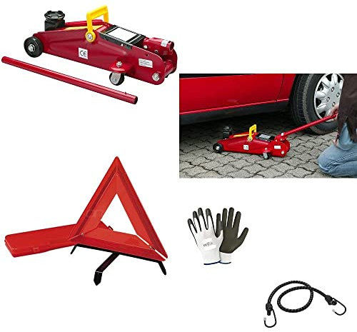 KIT ASSISTENZA PRONTO SOCCORSO PORTATILE CRICK IDRAULICO A CARRELLO+ TRIANGOLO DI EMERGENZA FLUORESCENTE+CUSTODIA IN DOTAZIONE KIT PER AUTO OMOLOGATO SOCCORSO STRADALE