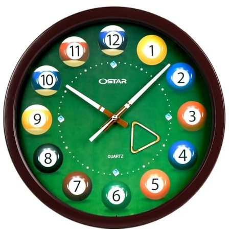 OSTAR Big Large Billiard Pool Ball Wall Clock, Battery Operated, Cue Hand, Non Ticking Quality Quartz, 14 Snooker Game