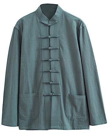 ZHOUXIAO Giacca di Arti Marziali Vintage Allentato Kung Fu Marziali, Tai Chi Uni Uniforme Uomo Cinese Tradizionale Lino di Cotone Ala Vestiti Chun, Manica Lunga Manica Vestit green-4XL